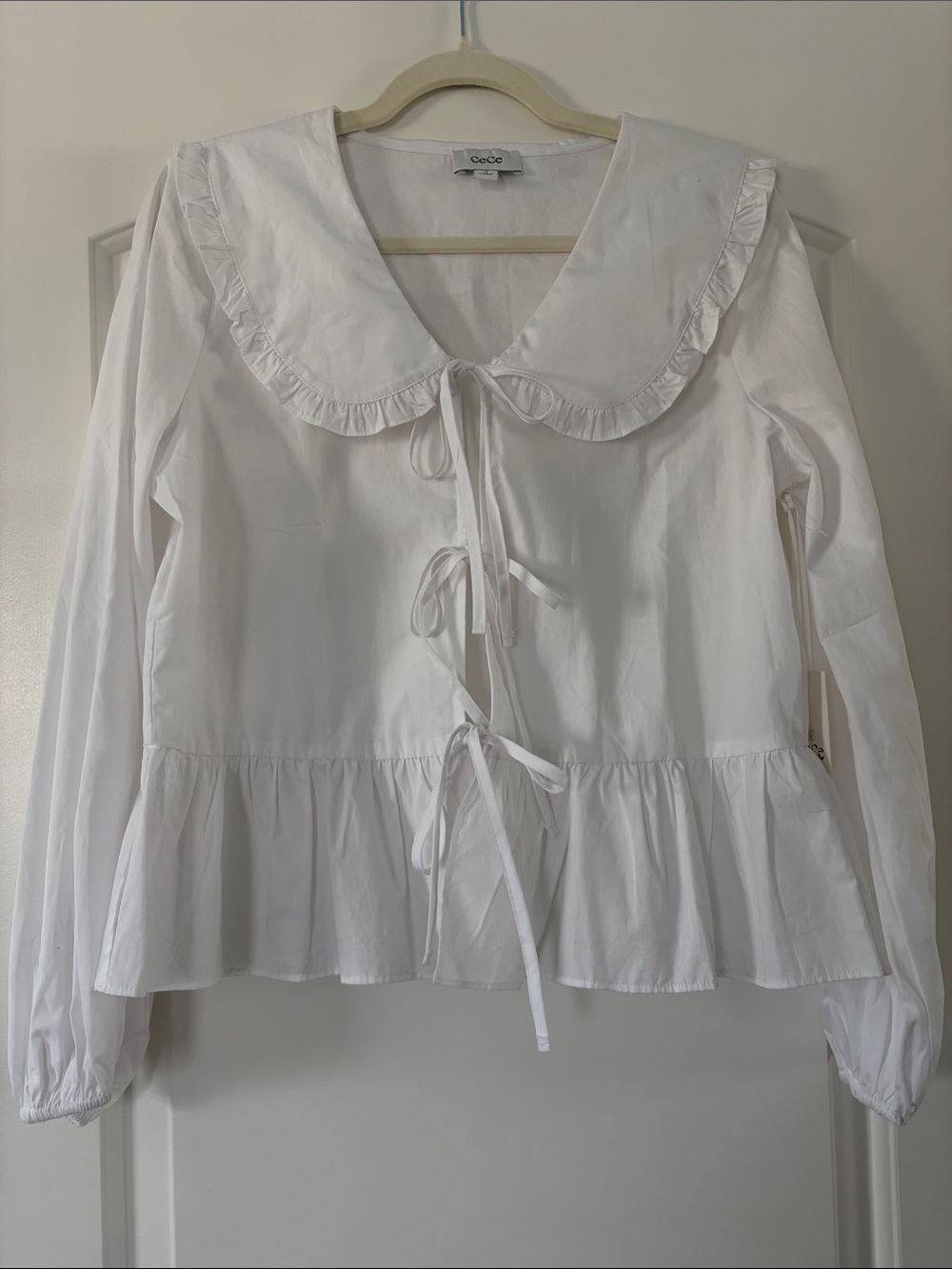 CeCe White Ruffle Peter Pan Collar Tie-Front Peplum Blouse Romantic Feminine M - Picture 1 of 6